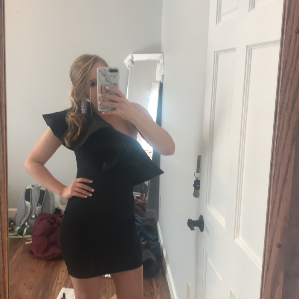 Lulu's Black One-Shoulder Ruffle Mini Dress